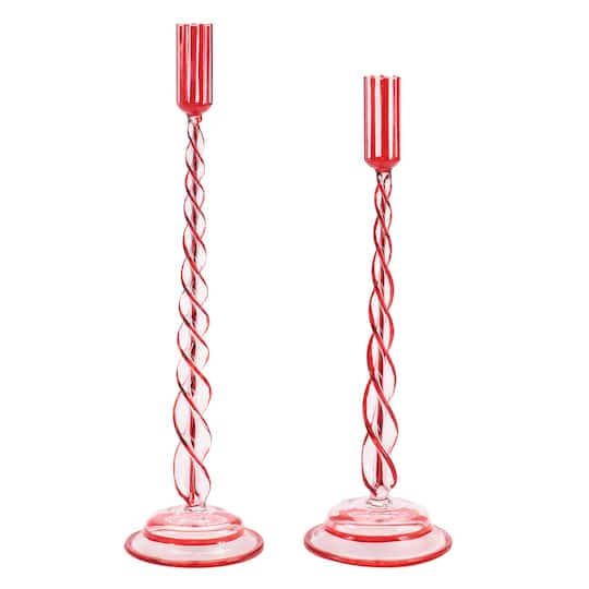 Melrose Red Twisted Glass Taper Candle Holder Set